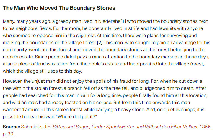 German folk tale "The Man Who Moved The Boundary Stones". Drop me a line if you want a machine-readable transcript!