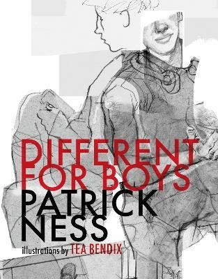 Cover art for Different for Boys, showing pencil sketches of two boys sitting back to back. The sketches are in pieces that have been placed in alignment, so different bits of the boys are in more detailed than others.