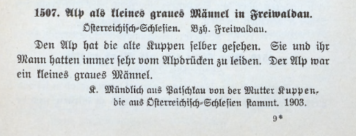 Digital scan of Silesian folk tale "Alp als kleines graues Männl in Freiwaldau".