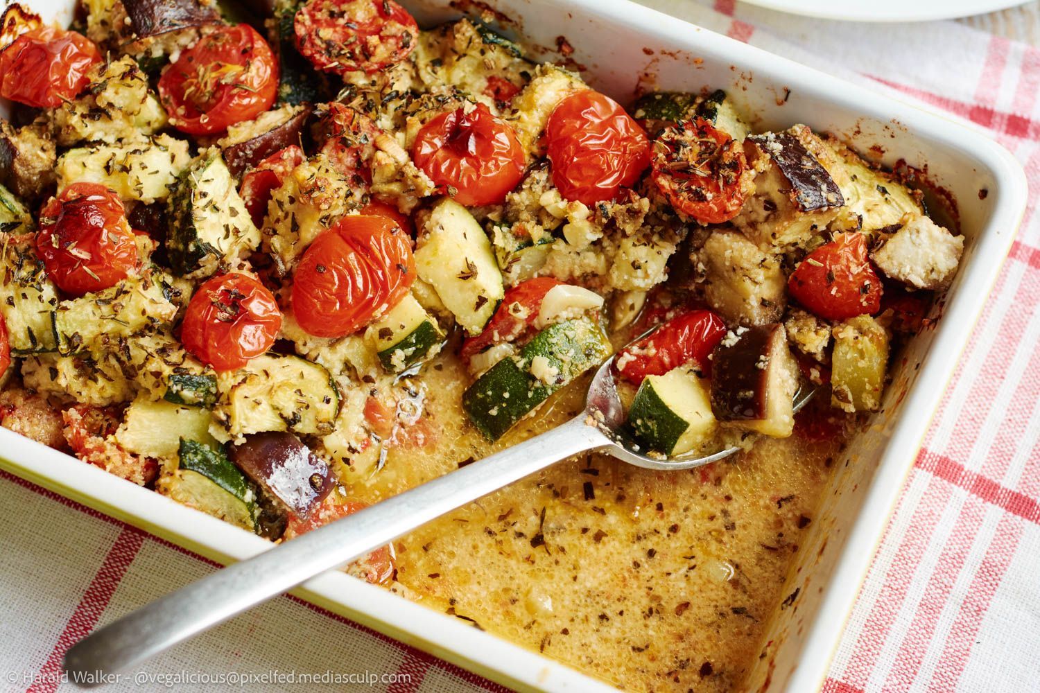 Home made vegan Italian casserole with summer vegetables.