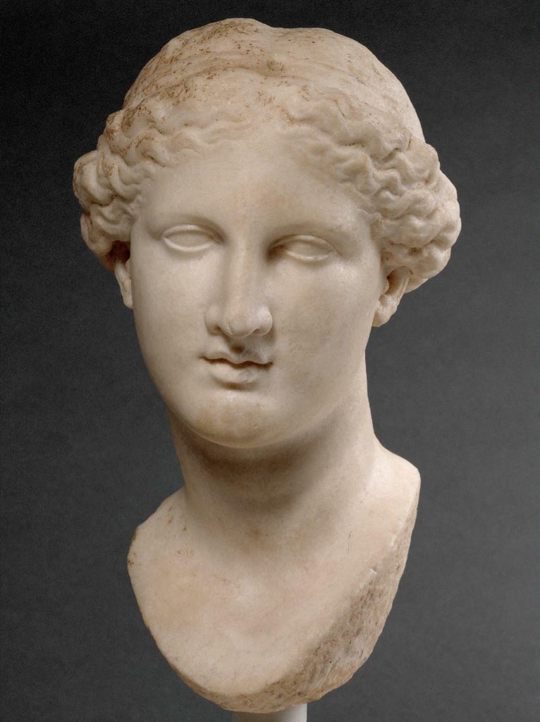 Description from the museum: “The marble head of a female goddess comes from ancient Tralles, a city in western Asia Minor. The well-preserved bust was originally set in a robe statuette. Part of the back of the head with the tuft of hair and the crown decoration, which the drill hole indicates, are missing. The finely crafted facial features and the hairstyle with the pinned-up hair are typical of depictions of the Greek goddesses Aphrodite or Artemis. For stylistic reasons, the head has often been compared to the famous statue of the Venus de Milo. The velvety-soft reproduction of the skin and the finely drawn details characterize our head as a high-quality work, which was modeled on a statue by the great Greek sculptor Praxiteles in the 4th century BC. In ancient times, Praxiteles was considered a master in the depiction of Charis, charm and spiritual feelings.”