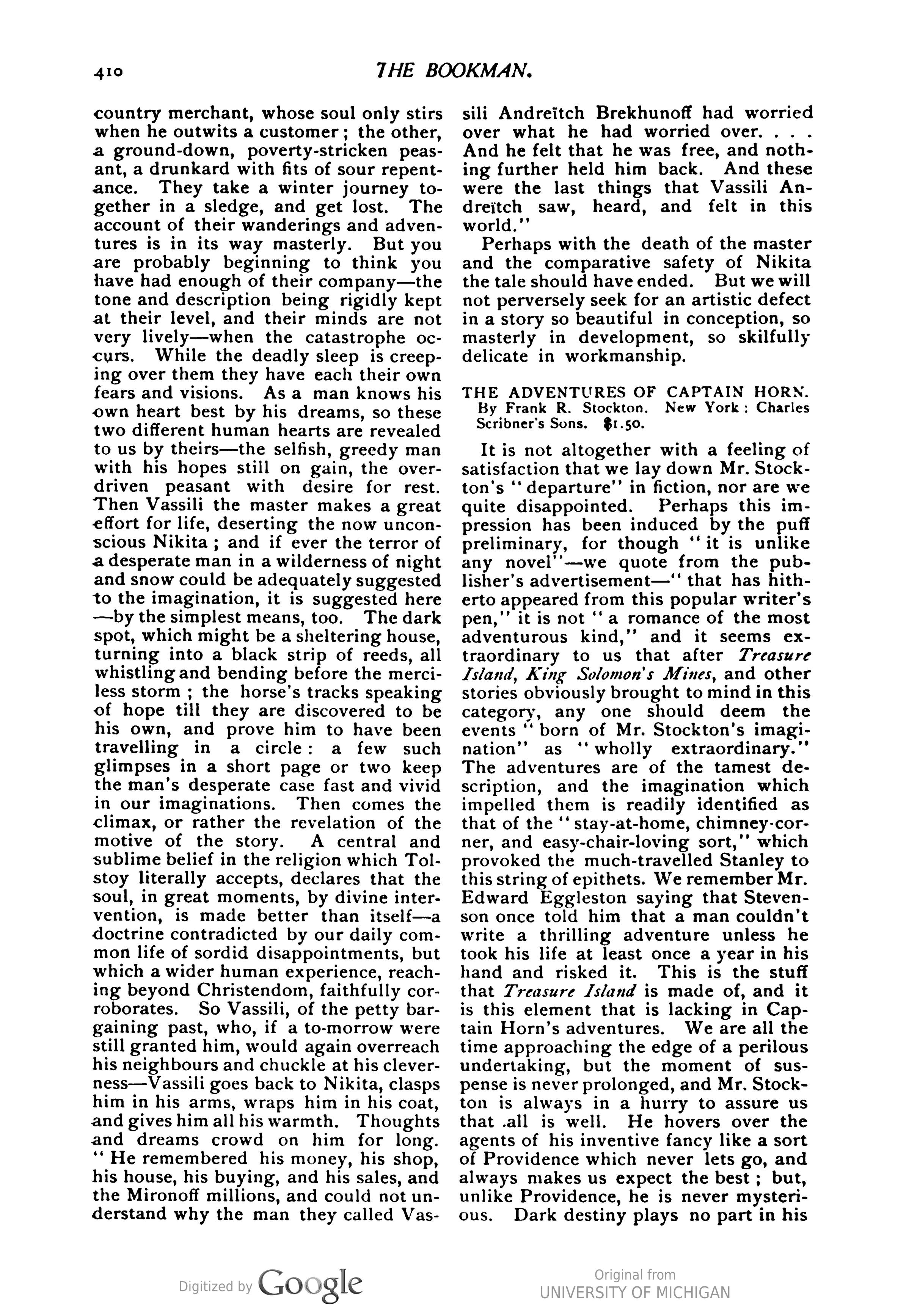 Original publication of The Adventures of Captain Horn by Frank R. Stockton in The bookman v.1 1895 Feb-Jul.

https://babel.hathitrust.org/cgi/pt?id=mdp.39015030005394&view=1up&seq=492&skin=2021

Opening lines:
It is not altogether with a feeling of satisfaction that we lay down Mr. Stockton's "departure" in fiction, nor are we quite disappointed. Perhaps this impression has been induced by the puff preliminary, for though “it is unlike any novel"-we quote from the publisher's advertisement-" that has hitherto appeared from this popular writer's pen," it is not "a romance of the most adventurous kind," and it seems extraordinary to us that after Treasure Island, King Solomon's Mines, and other stories obviously brought to mind in this category, any one should deem the events born of Mr. Stockton's imagination" as "wholly extraordinary.”