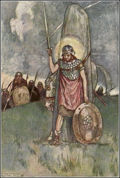 The warrior Cù Chulainn has tied himself to a tall standing stone so that he is standing as his enemies approach. He has been mortally wounded and is armoured as he holds his his sword up high, though he can't quite manage lifting up his shield, which leans on the ground beside him.