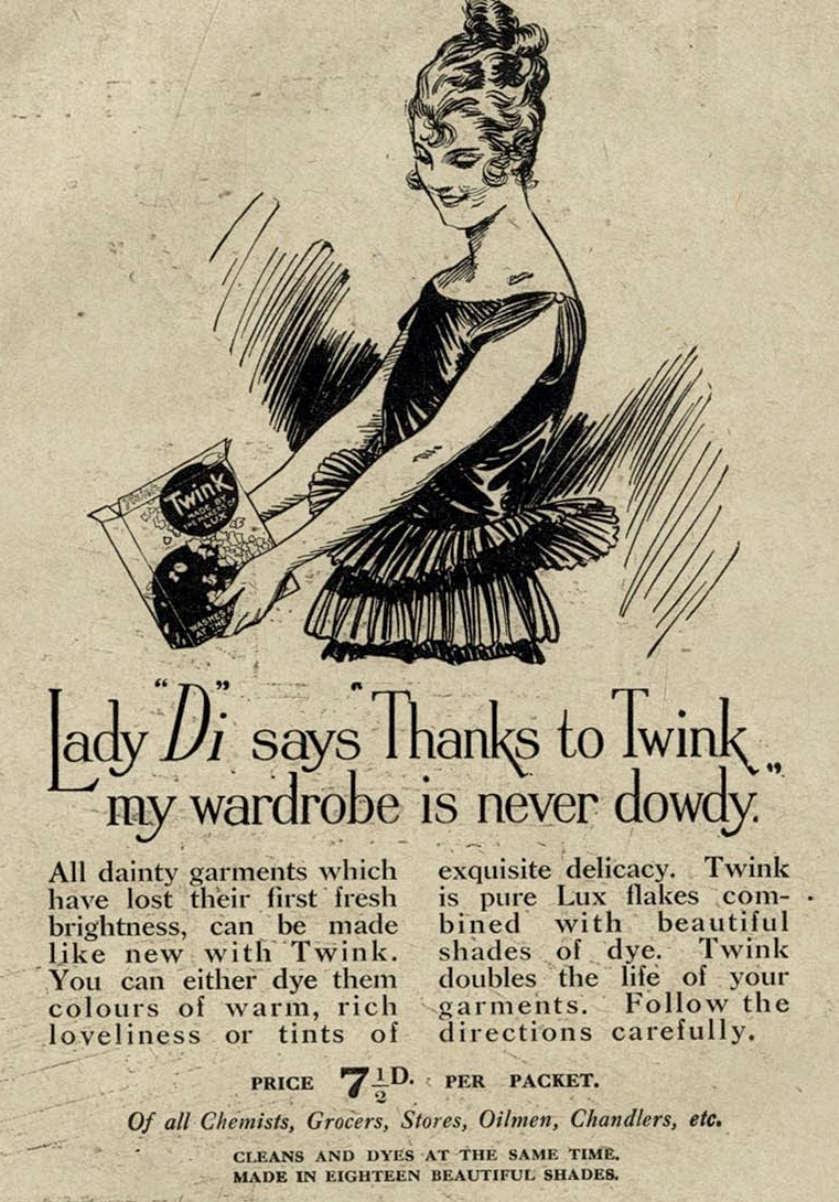 Vintage ad for Twink brand detergent. An illustration of a smiling woman holding a box of detergent. Text reads: Lady "Di" says "Thanks to Twink, my wardrobe is never dowdy"