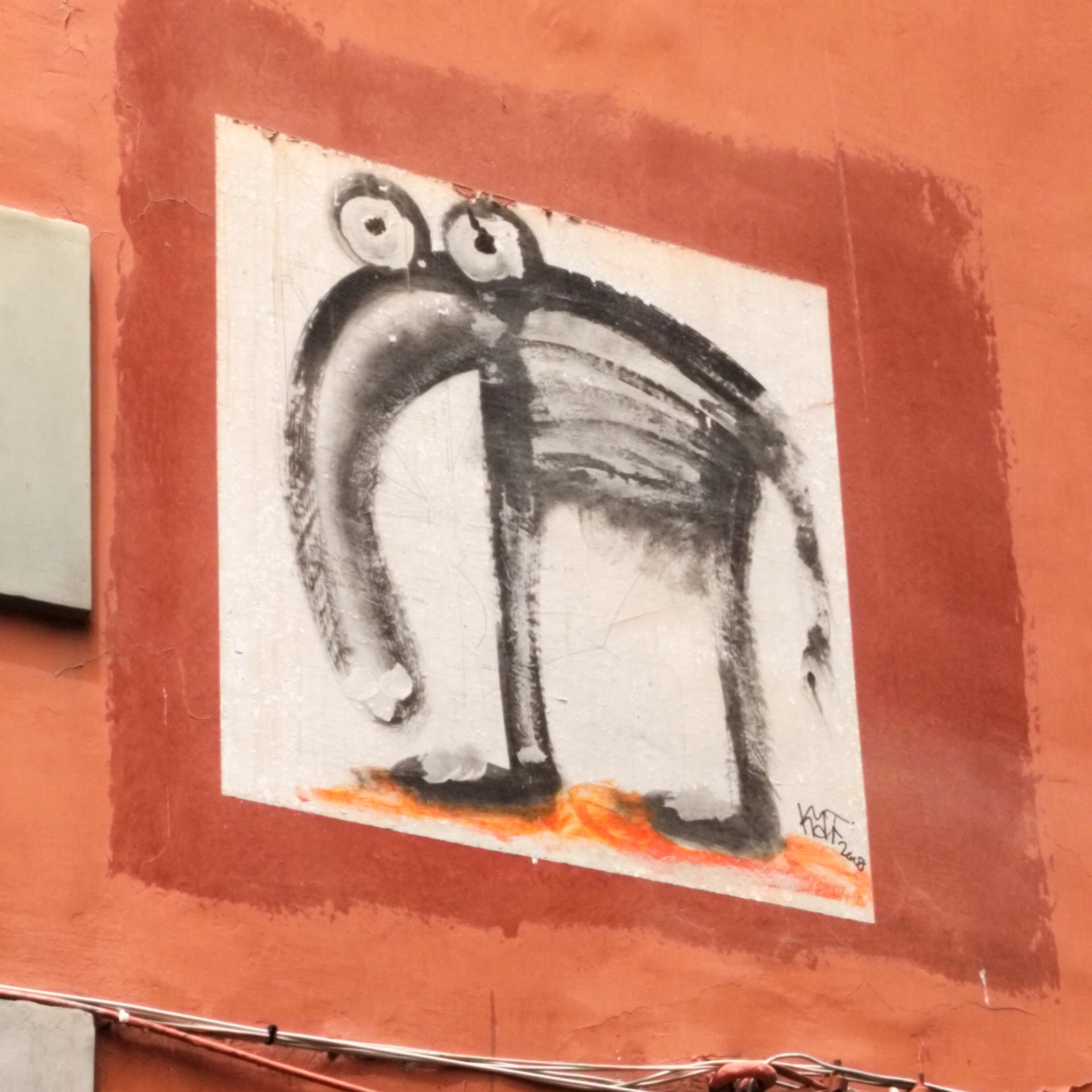 A painting of a friendly-looking animal, which could be an elephant, an anteater or a tapir, though it has very large eyes and large flat feet.