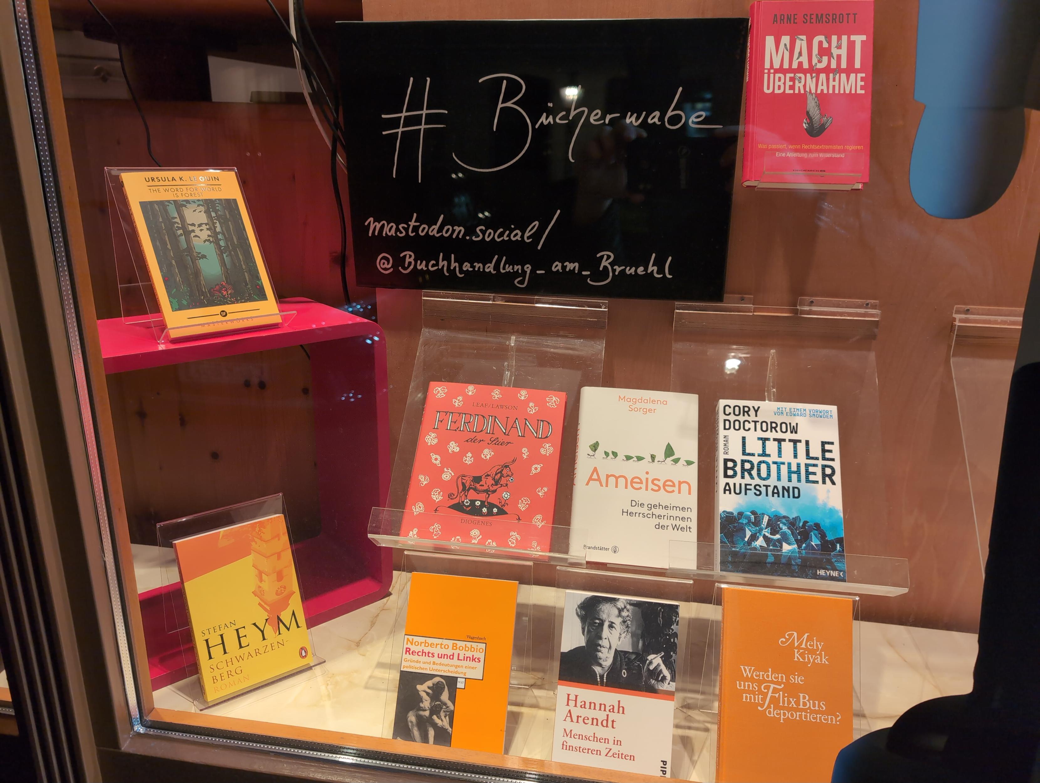 A photograph of the honeycomb in the display-window of the Buchhandlung am Brühl. You can see nine books: Ursula K. LeGuin: The Word for World is Forest, Stefan Heym: Schwarzenberg, Leaf\Lawson: Ferdinand, Norbert Bobbio: Rechts und Links, Arne Semsrott: Machtübernahme, Magdalena Sorger: Ameisen, Hannah Arendt: Menschen in finsteren Zeiten, Cory Doctorow: Little Brother (Aufstand), Mely Kiyak: Werden sie uns mit FlixBus deportieren?"