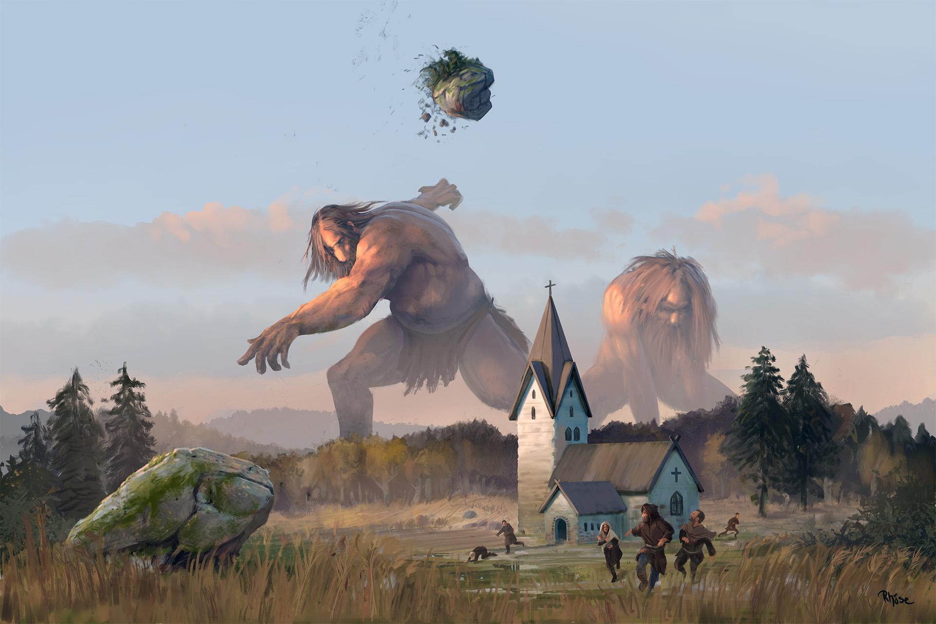 Two giants in the distance, one of them throwing a giant rock towards a church in the mid ground. In the foreground, we see people running in panic.