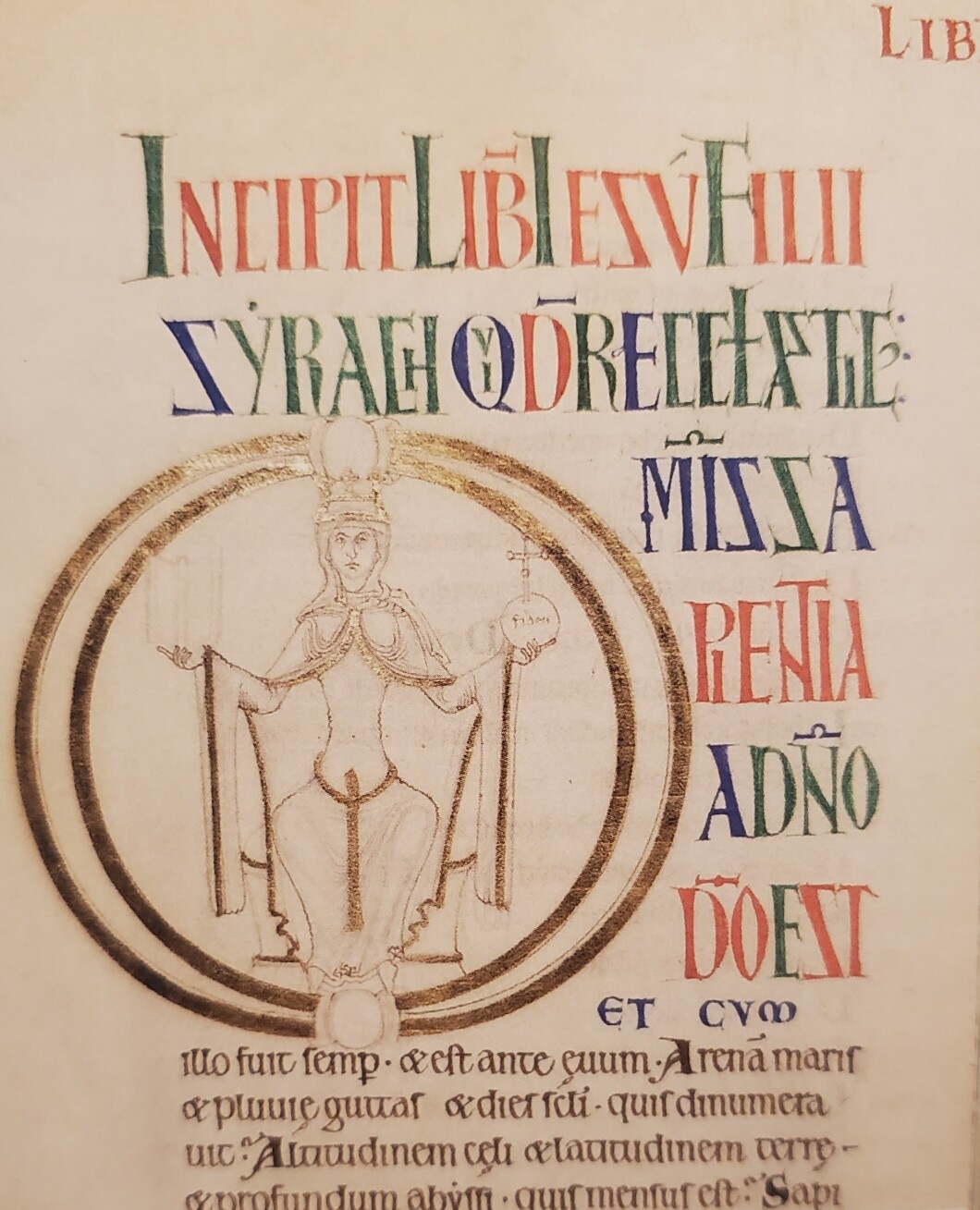 Photo of gold-illuminated "initial" of Ecclesiastes, in the unfinished Winchester Bible.