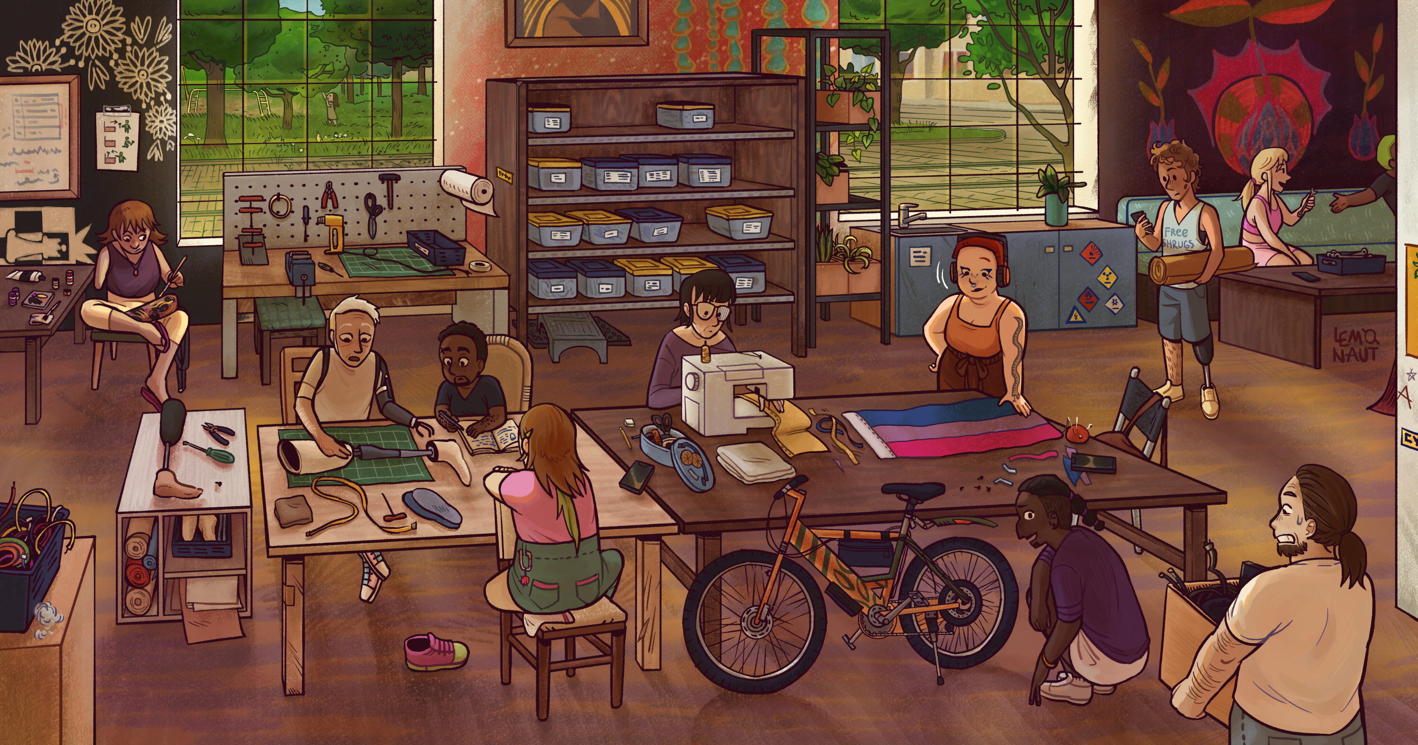 A big and detailed illustration of an indoor space filled with people. Everything is gently lit by the summer sun let in through the two tall windows. The outside is green as can be.

The room - a maker and hacker space - is furnished with various shelves, tables, work benches and chairs. Nearly every surface is teeming with tools and containers, and abstract colorful murals cover the walls.

Two tables stand in the middle of the room, right next to each other. A man at the left table is teaching others about repairing their own prostheses. He himself has a body-powered prosthetic arm. At the right table, people are busy repairing a bike, sewing clothes and pride flags. In the back, people are chatting, passing each other tools; a girl sitting next to a window is painting her prosthetic arm on her lap.