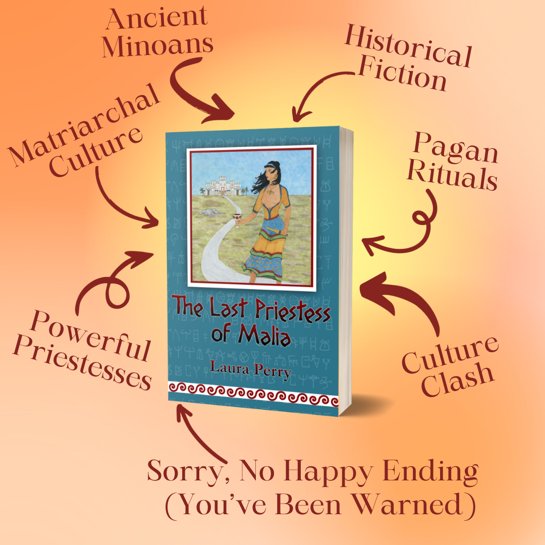 A paperback copy of The Last Priestess of Malia surrounded by snippets of text with arrows pointing to the book. The text reads "ancient Minoans, historical fiction, matriarchal culture, pagan rituals, powerful priestesses, culture clash, sorry, no happy ending (you've been warned)."
