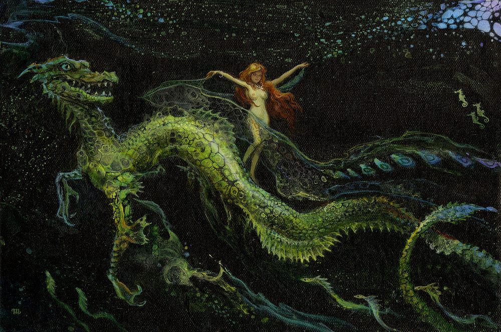 Floating in a dark bubbly sea, a naked woman with flowing red hair spreads her arms wide, turning playfully to draw a transparently patterned cape behind her. Curious while passing by, a green sea dragon cranes its neck. Its sinuous body curves and rolls before finally looping back at the tip of its spaded tail. Foreclaws loll as it pauses between strokes, entranced by the aquatic dance. The woman holds out the ends of the jellyfish-like veil and it shifts in pattern as it flows in front of her. Leopard spots flare fiery in contrast passing over pale skin. Extending past her, the pattern morphs into abstract splotches much like the eyespots on a peacock feather, growing in size and shifting from green to blue to purple as the veil trails off panel.
