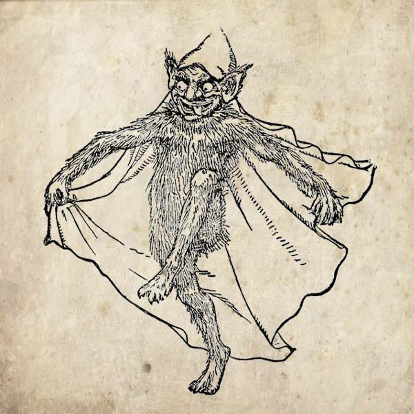 The Cauld Lad of Hilton portrayed as a hairy goblin in a cap and cloak 