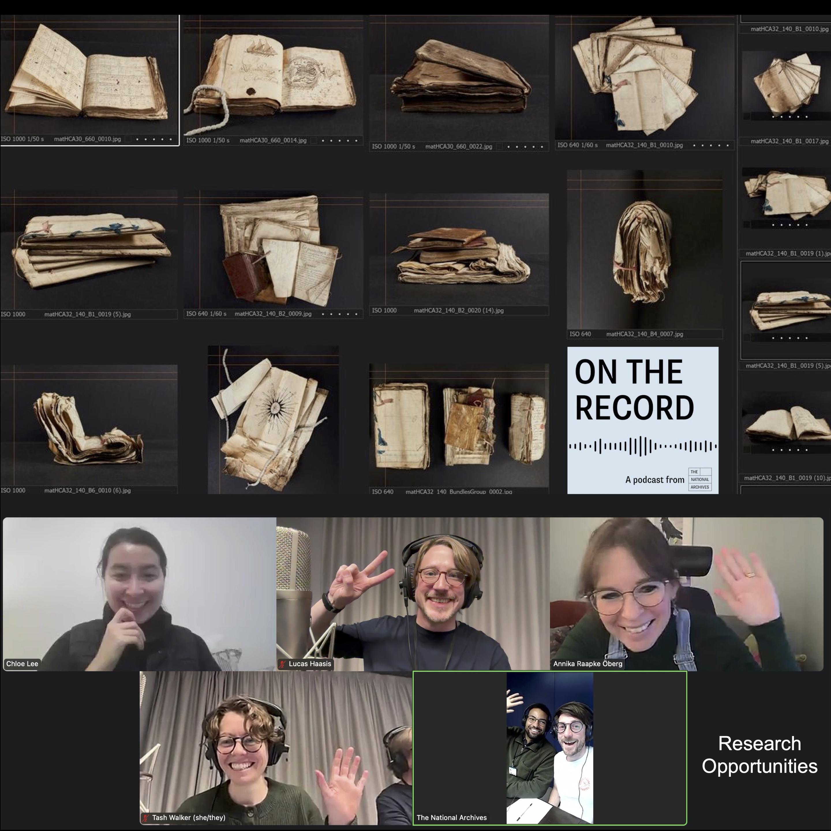 Images: Podcast recording group picture; below: Screenshot Prize Papers Materiality Shots. Prize Papers Project (Oldenburg/London), ref. HCA 32/140. The National Archives, UK. Photographer: Maria Cardamone.