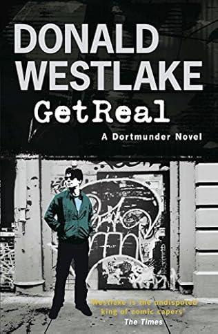 The  cover of the book "Get Real" by Donald Westlake.

The author's name is in white upper casetypeface against 
The title is in a white camel case typeface.  The letter 'e' in both words have black two eye-like dots instead of gaps.
Tha background is black
Underneath is a black and white photo of a white man with dark hair stood in front of a wall with some sort of mural covered in grafitti.
He is wearing shades, black trousers and his Harrington style bomber jacket has been tinted green. 
He has both hands in his jacket pockets.

* Another Duchess of Spring Alt-text production ™