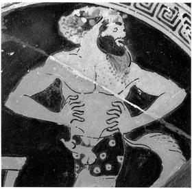 Black-and-white image of a red-figure vase painting depicting a satyr as an actor wearing phallus trunks. He also has the pointed ears and horse tail of an ancient Greek satyr.