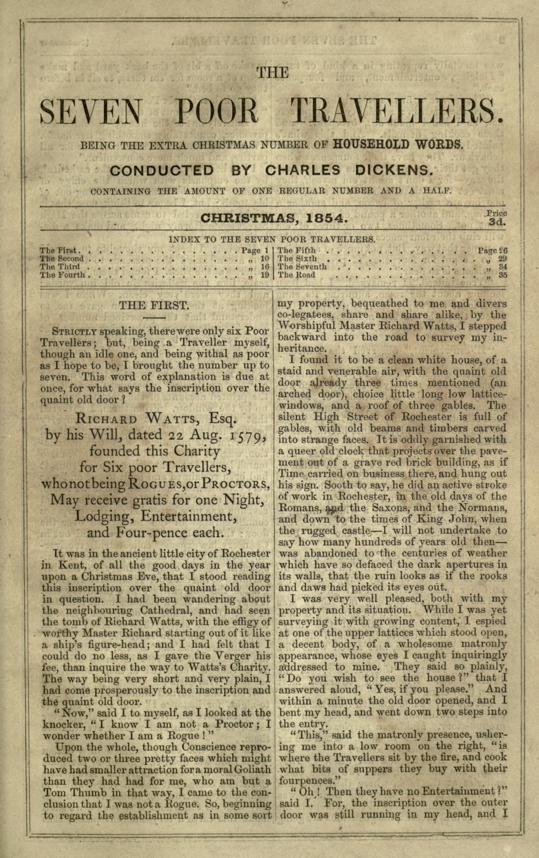 The Seven Poor Travellers by Wilkie Collins.

Being the Extra Christmas Number of Household Words, Christmas 1854, p. 1.

https://archive.org/details/householdwords10dick/page/1/mode/1up?q=seven+poor