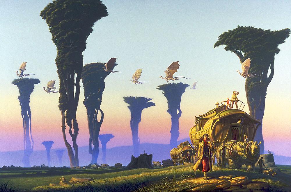 A caravan travels the grassy plains of an alien world as a line of dragons casually flies by. A man in overcoat with bright red garb underneath leads the way with a bag slung over his shoulder. The gypsy-like wagons that follow are pulled by rough skinned pachyderms. An adult and child stand at the rail atop the foremost wagon gazing out at the vista. Tall flat top trees rise up into a sky hazy with dusk and atmospheric effects that stretch lavender and peach across the horizon.
