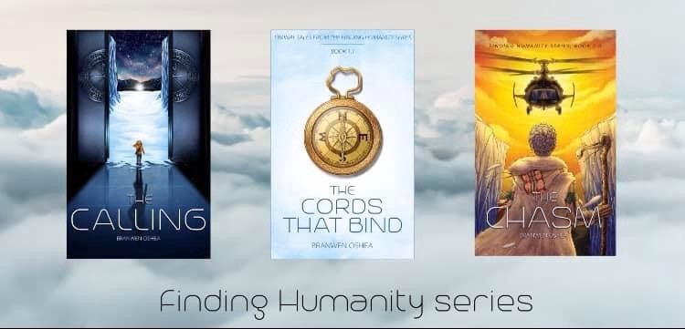 Two novels an and a novella from the Finding Humanity series on a background of clouds. The novel, The Calling, features a team in an orange parka exiting a massive elevator into a dark arctic landscape. A strange star sits on the ground in the distance. The novella, The Cords That Bind, features a mysterious compass (the series symbol) on an icy blue background. The novel, The Chasm, shows a star being in arctic clothing standing in a chasm and facing off a black helicopter that hovers above.