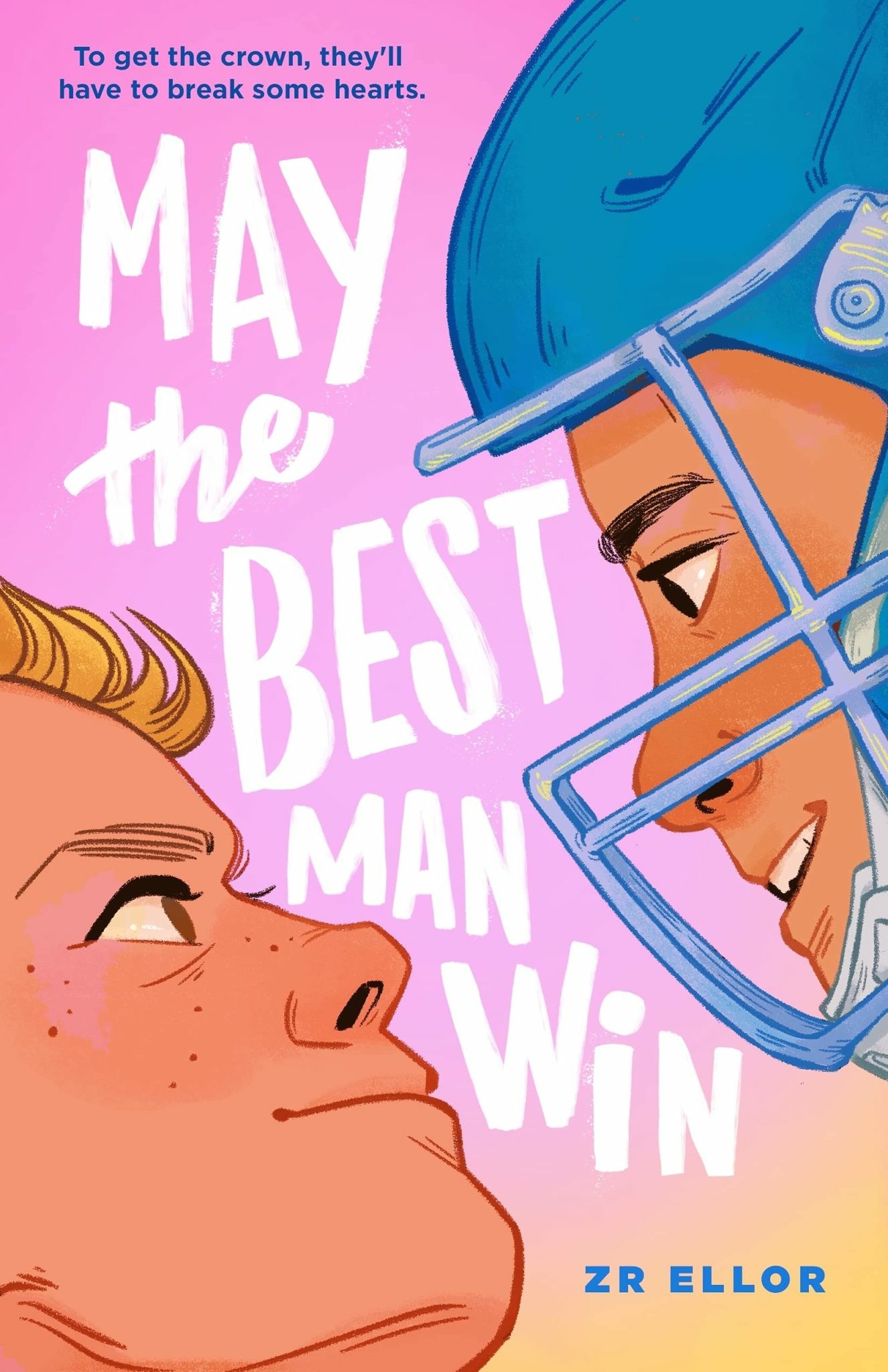 Cover art for May the Best Man Win. Two boys - one in a gridiron helmet - face off against each other against a pink and yellow background.