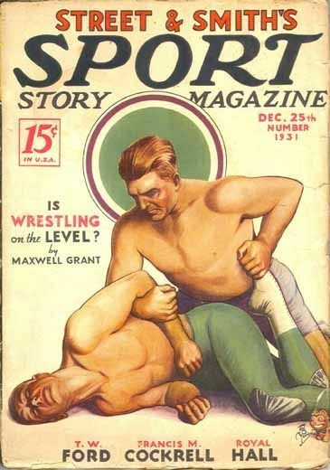 The cover for the December 25th 1931 issue of Street & Smith's Sport Story Magazine. The cover illustration features two muscular men wrestling while wearing only wrestling tights and socks. One man grabs the other from behind and pins him to the floor. The top's groin presses against the bottom's behind.