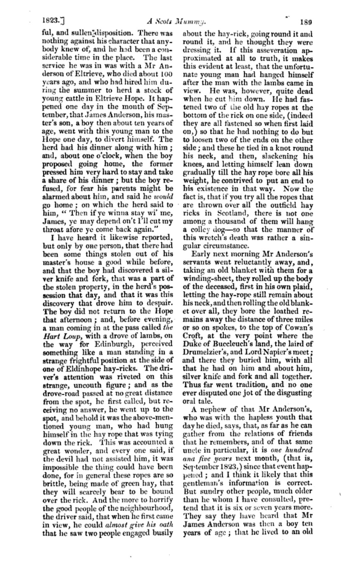 Page 2 of a letter entitled "A Scots Mummy", addressed to Sir Christopher North, from James Hogg, and published in Blackwood's Magazine in August 1823. Unfortunately the text of the letter is too long to reproduce in alt-text