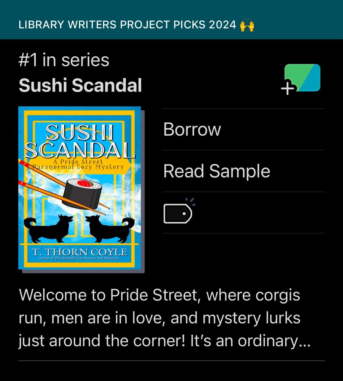 Screenshot of Library Writers Project Picks 2024 showing Sushi Scandal, a cozy mystery book with two corgis and sushi on the cover.