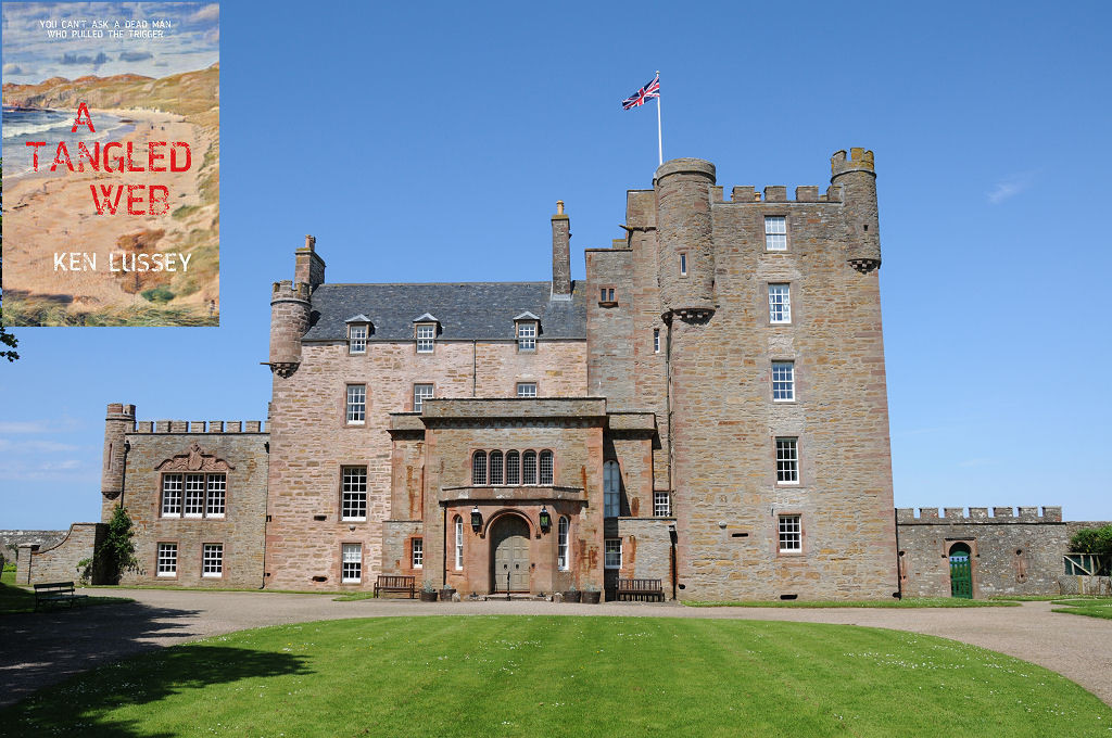 The fictional Sarclet Castle, partly based on the real Castle of Mey. The image shows a lawn in the foreground with a drive sweeping round it. Beyond is the front face of a castle made of honey-coloured stone. It has a five-storey tower on the right with a four-storey range to the left of it with a grey slate roof and a two-storey extension on the left, plus a grand entrance in the middle. The sky is blue and the scene is in sunlight. The front cover of ‘A Tangled Web’ is shown in the top left corner.