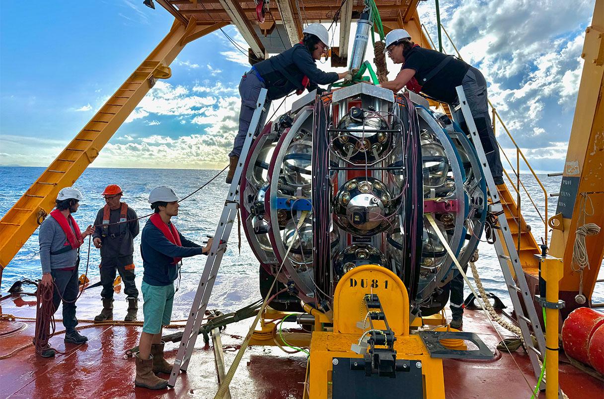 These light detectors are deployed in strings rising from the seabed to form the Cubic Kilometre Neutrino Telescope.KM3NeT Collaboration