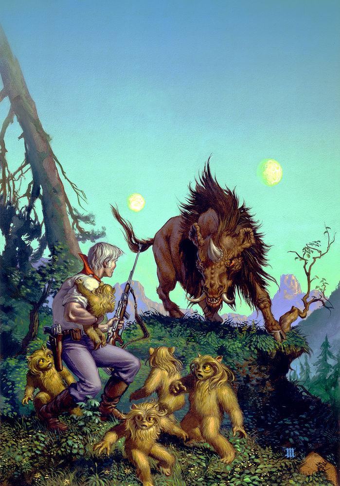 A white haired man cradles a little fuzzy alien creature in one hand and a laser rifle in the other while staring down a horned and tusked alien boar-like creature that prepares to charge. The beast turns intense orange eyes towards the pack of fuzzies that are panicked and looking for cover. From the set of its hooves in the flora covered rise and the bristling of its mane, its intentions are clearly hostile.
