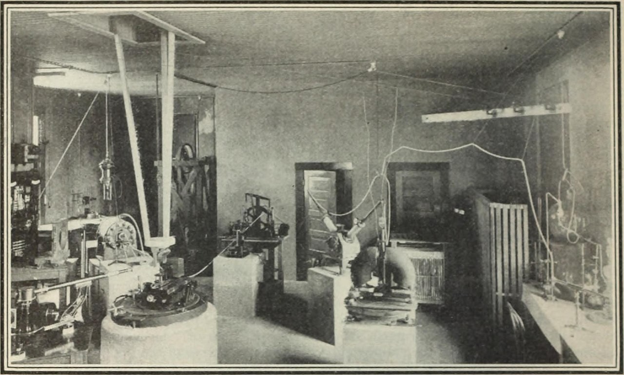 INTERIOR OF THE PHYSICAL LABORATORY AT PASADENA

Showing slit end of vertical spectrograph and magnet used in study of Zeeman effect. Electric arcs, electric furnaces, pressure pumps, and electro-magnets are available for spectroscopic studies.

via @interarchive

https://archive.org/details/reviewofreviewsw42newy/page/202/mode/1up?view=theater