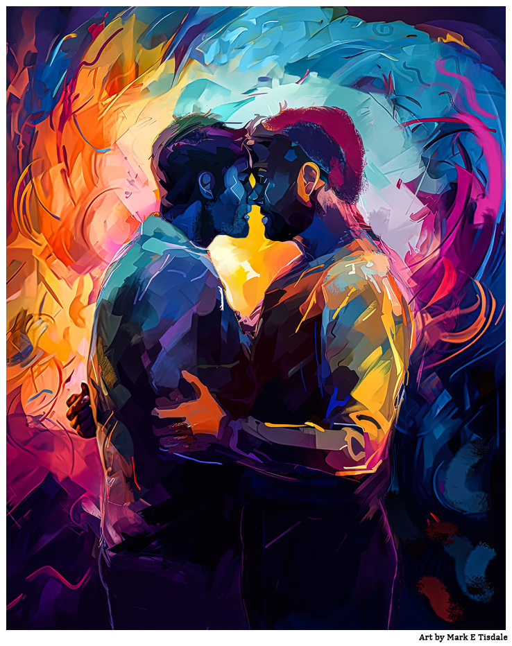 Colorful digital gay art that shows a profile view of two men embracing and just to the point before kissing.