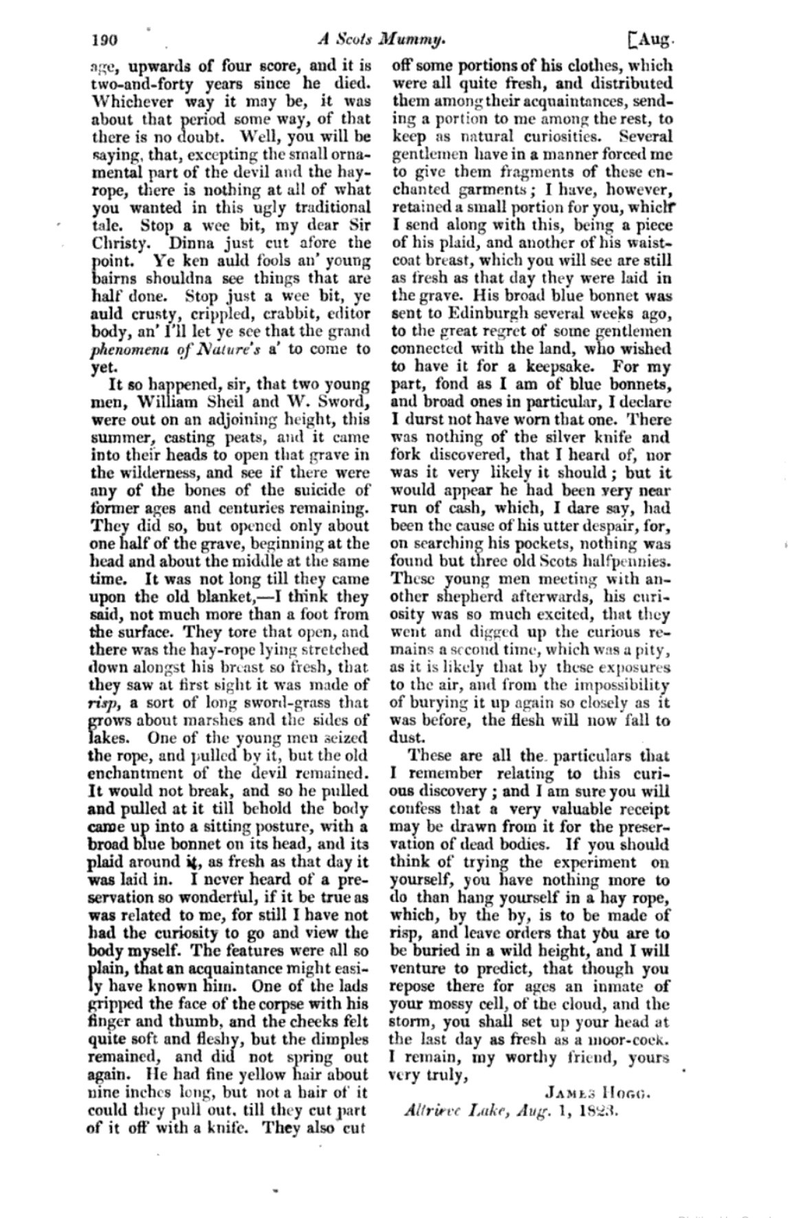 Page 3 of a letter entitled "A Scots Mummy", addressed to Sir Christopher North, from James Hogg, and published in Blackwood's Magazine in August 1823. Unfortunately the text of the letter is too long to reproduce in alt-text