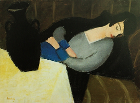 This is a painting "Sleeping Lady with Black Vase" by Hungarian painter Róbert Berény. It was painted between 1927-1928.

It shows a woman, Berény's wife, sleeping on a sofa.

She has the typical short bobbed hair of the twenties, strong eyebrows and red lips.

She wears a grey and blue dress, her arms folded over her midsection as she reclines.

Before her stands a table, of which we only see one corner. A yellow tablecloth is draped over it and on it, a big black vase. The vase and the woman compete for the focal point, but it is the yellow of the tablecloth that ultimately wins.

The art style is early European art deco.