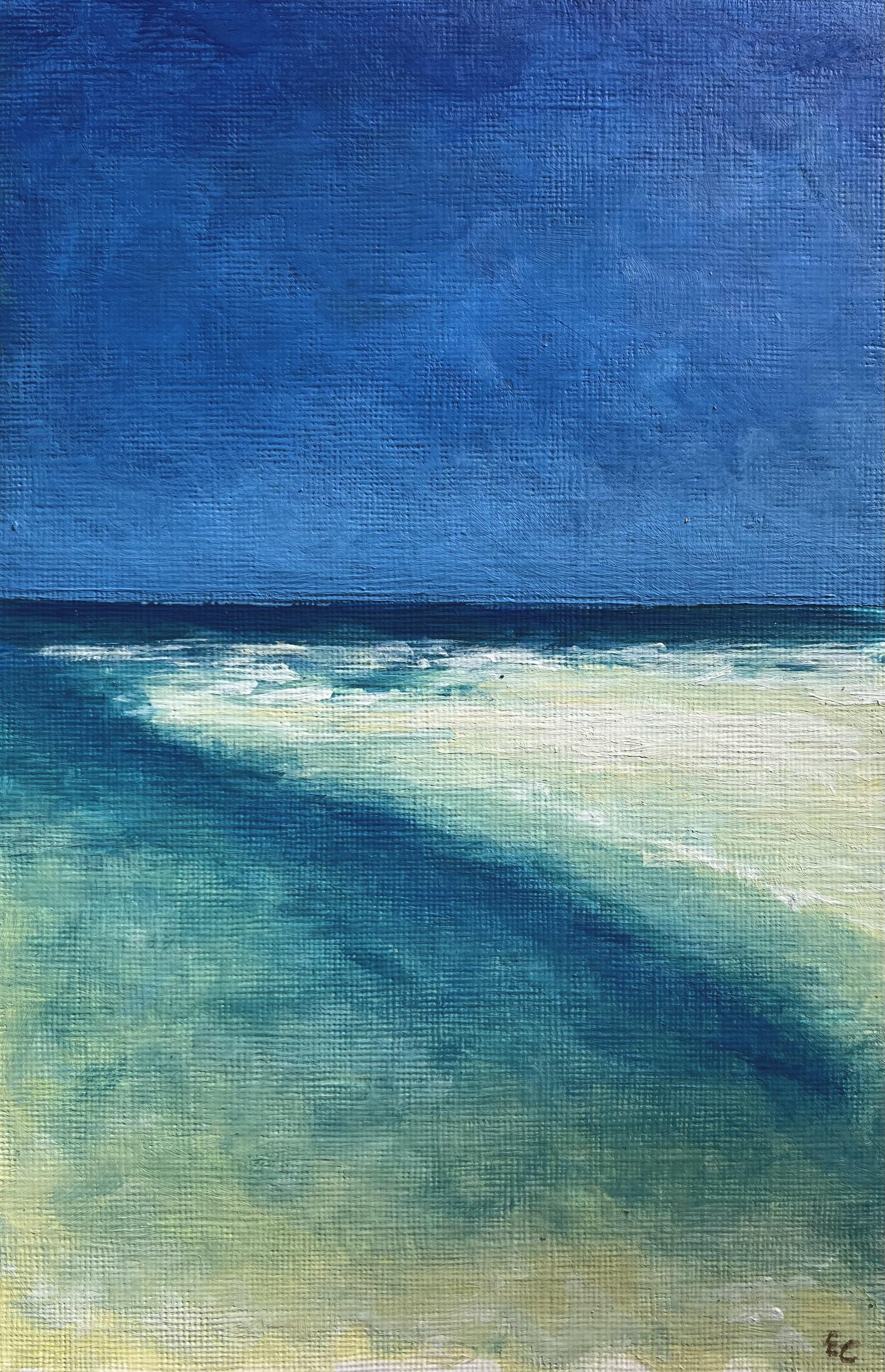 Impressionist artwork of the sand and sea using minimal colours of blue and pale yellow.