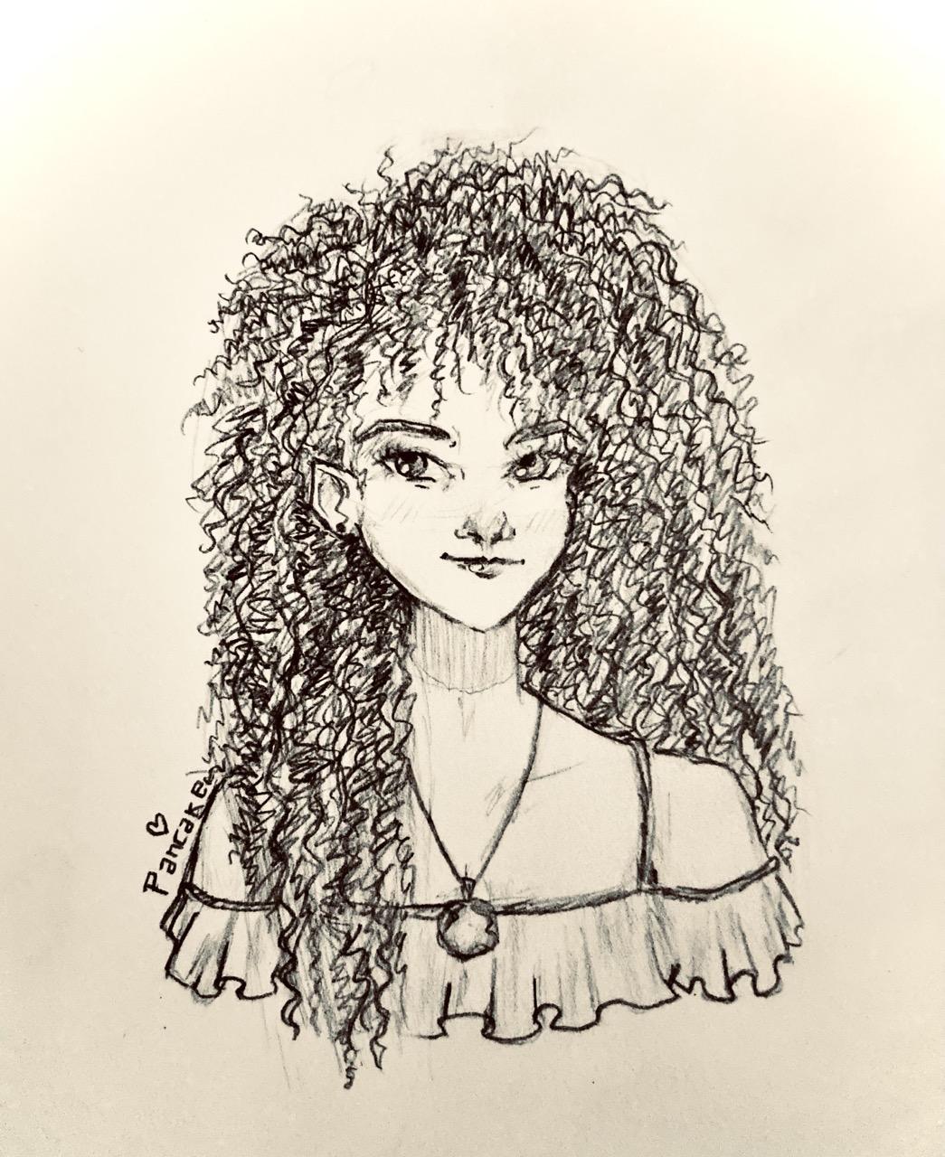 Ink drawing of 15 year old Ayanna. She’s wearing an off the shoulder dress with a large pendant on a chain around her neck. Her hair is long, black curls, and she has an overall impish slight smile.