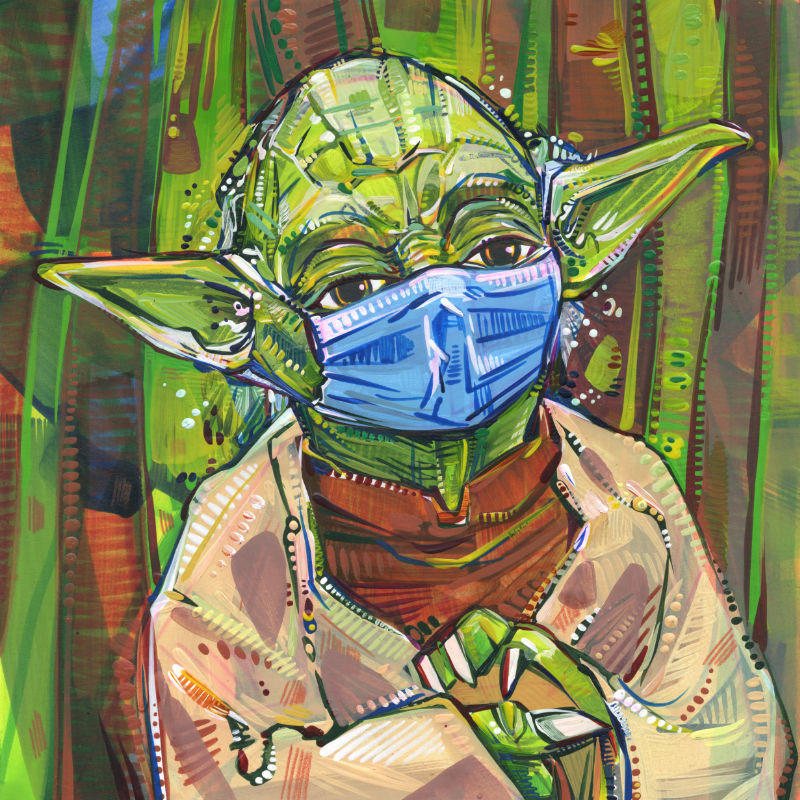 portrait of Yoda wearing a blue surgical style mask