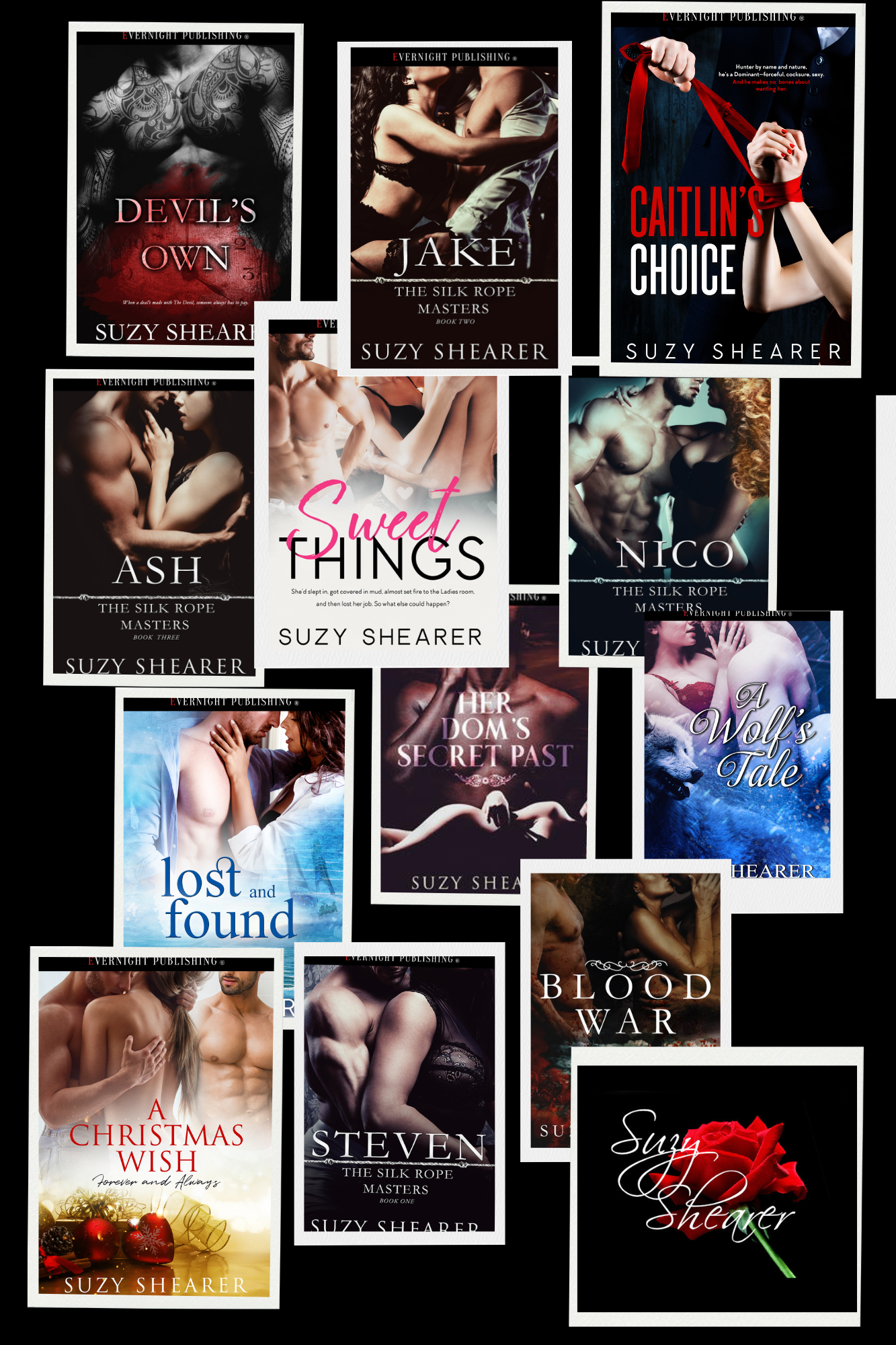 Covers of 12 books all by the same author -  Suzy Shearer
All books are erotic romances - 9 are contemporary and 3 are paranormal.