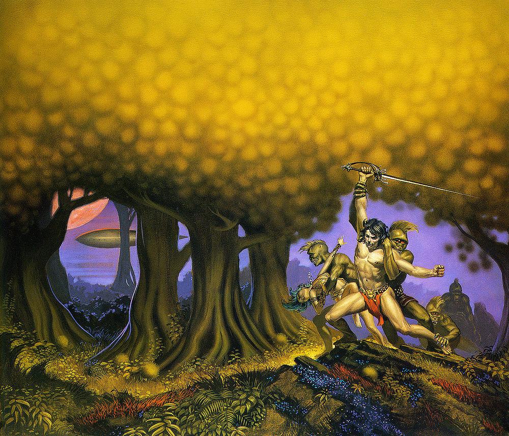 Cyclopean aliens ambush a man and woman beneath the yellow canopy of a lush Martian forest. Pronounced fangs make them look feral. From their heads sprout tufts of blonde hair resembling mohawks. Their skin is olive green, and their eyes an angry orange-red. The male warrior in red loin cloth extends his sword arm upward, but his wrist is seized from behind and his other arm is locked in a Half Nelson. He throws his leg back in a wide stance, but another cyclops grabs his ankle. The blue-green haired woman with him is seized by another. As she falls back, her necklace flies upward with motion.
