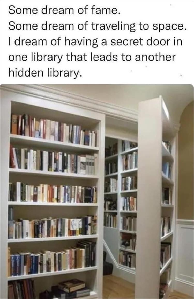 Picture of a bookcase door opening onto more bookcases.
Caption:
Some dream of fame.
Some dream of traveling to space.
I dream of having a secret door in one library that leads to another hidden library.