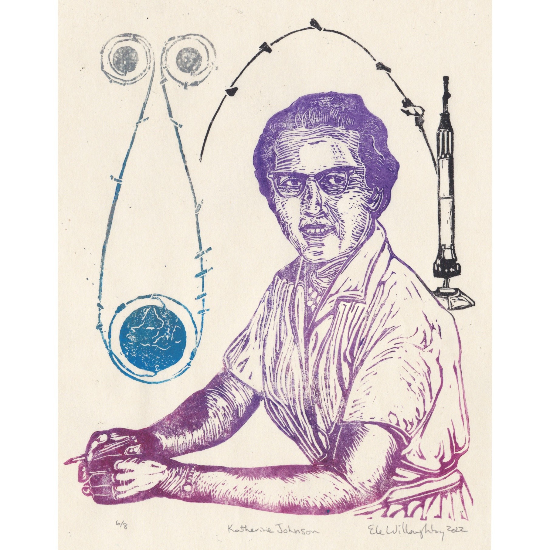 My linocut portrait of Katherine Johnson in a upward gradient of raspberry to purple ink (she is a Black woman in a shirt dress, with pearls, glasses and a watch, holding a pencil, facing left with her arms out on an unseen table like she was writing, looking at the viewer over her right shoulder). Behind her on the right is the Project Mercury rocket with capsule and launch trajectory in black. Beside her on right is the Earth in blue with two images of the Moon in silver above to show the trajectory for the Apollo Lunar Module.