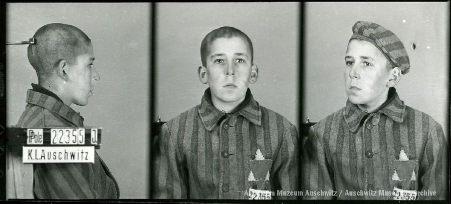 A mugshot registration photograph from Auschwitz. A man wearing a striped uniform photographed in three positions (profile and front with bare head and a photo with slightly turned head with a hat on). The prisoner number is visible on a marking board on the left.