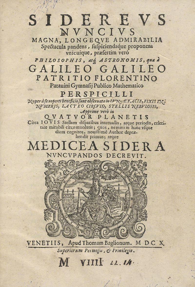 Title page of Sidereus nuncius, 1610, by Galileo Galilei (1564-1642). 

The title, Sidereus Nuncius, appears prominently, often in bold or larger font, followed by a subtitle or additional descriptive text explaining the nature of the work. It mentions Galileo's role as the author and his academic affiliations, emphasizing his authority as a mathematician and philosopher.

The publisher’s information is typically located at the bottom of the page. It identifies the place of publication (Venice) and the printer (Tommaso Baglioni), adding to the historical value of the artifact.

The title page represents a monumental scientific achievement. Sidereus Nuncius detailed Galileo's observations of the Moon's rugged surface, the discovery of Jupiter's four largest moons, and the vast number of stars unseen by the naked eye, fundamentally altering humanity’s understanding of the cosmos. The simplicity of the title page belies the revolutionary content within.