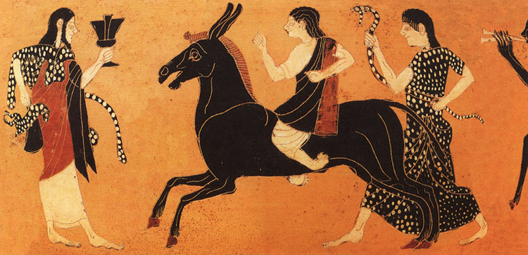 Greek vase painting of Hephaistos' return to Olympos. Dionysos is on the left, holding a kantharos cup in his left. A maenad is walking behind Hephaists, who is riding a donkey. Hephaistos' foot is turned the wrong way, indicating his disability.