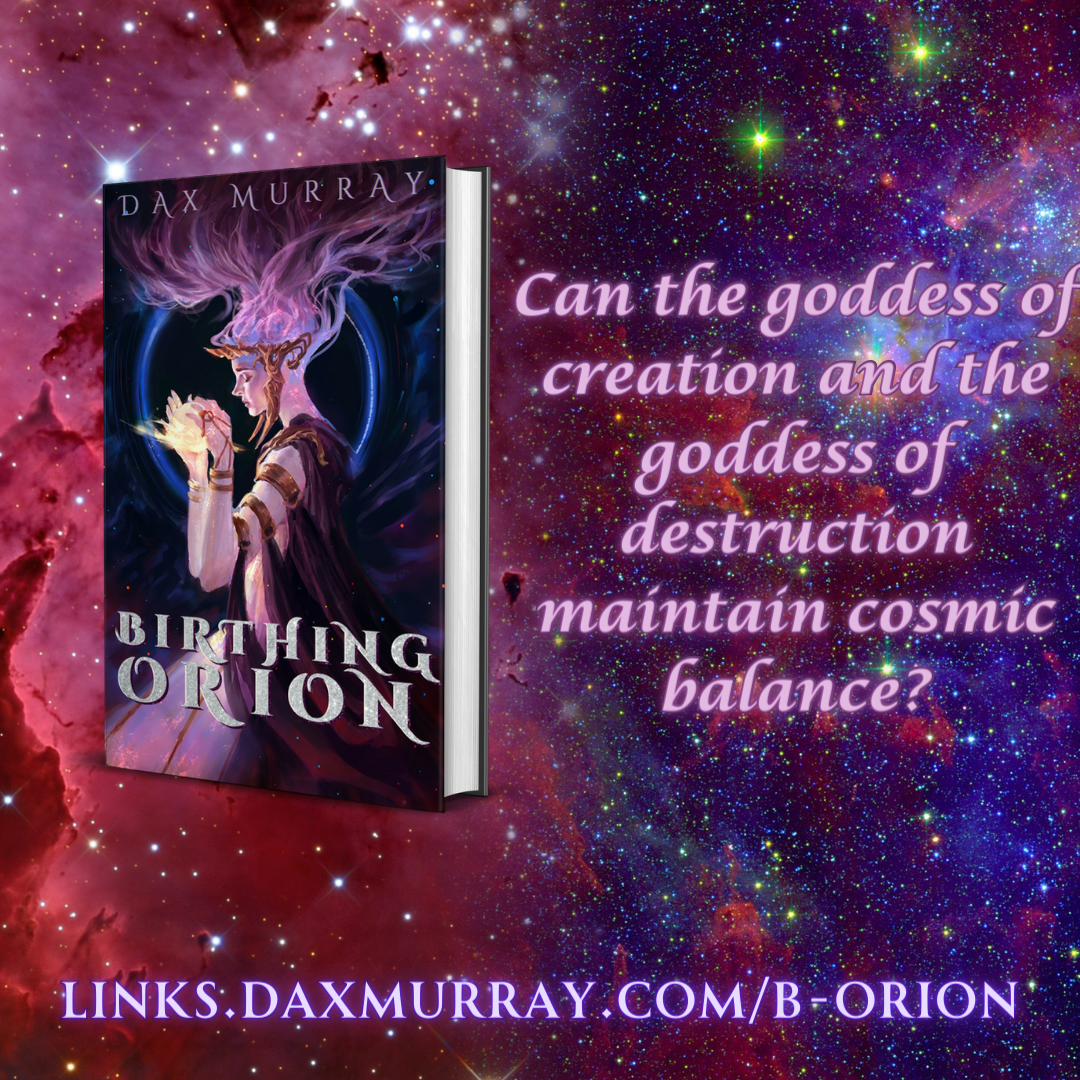 Promo Image
Book on left of space goddess holding a galaxy set against a black hole
on right "Can the goddess of creation and the goddess of destruction maintain cosmic balance?"