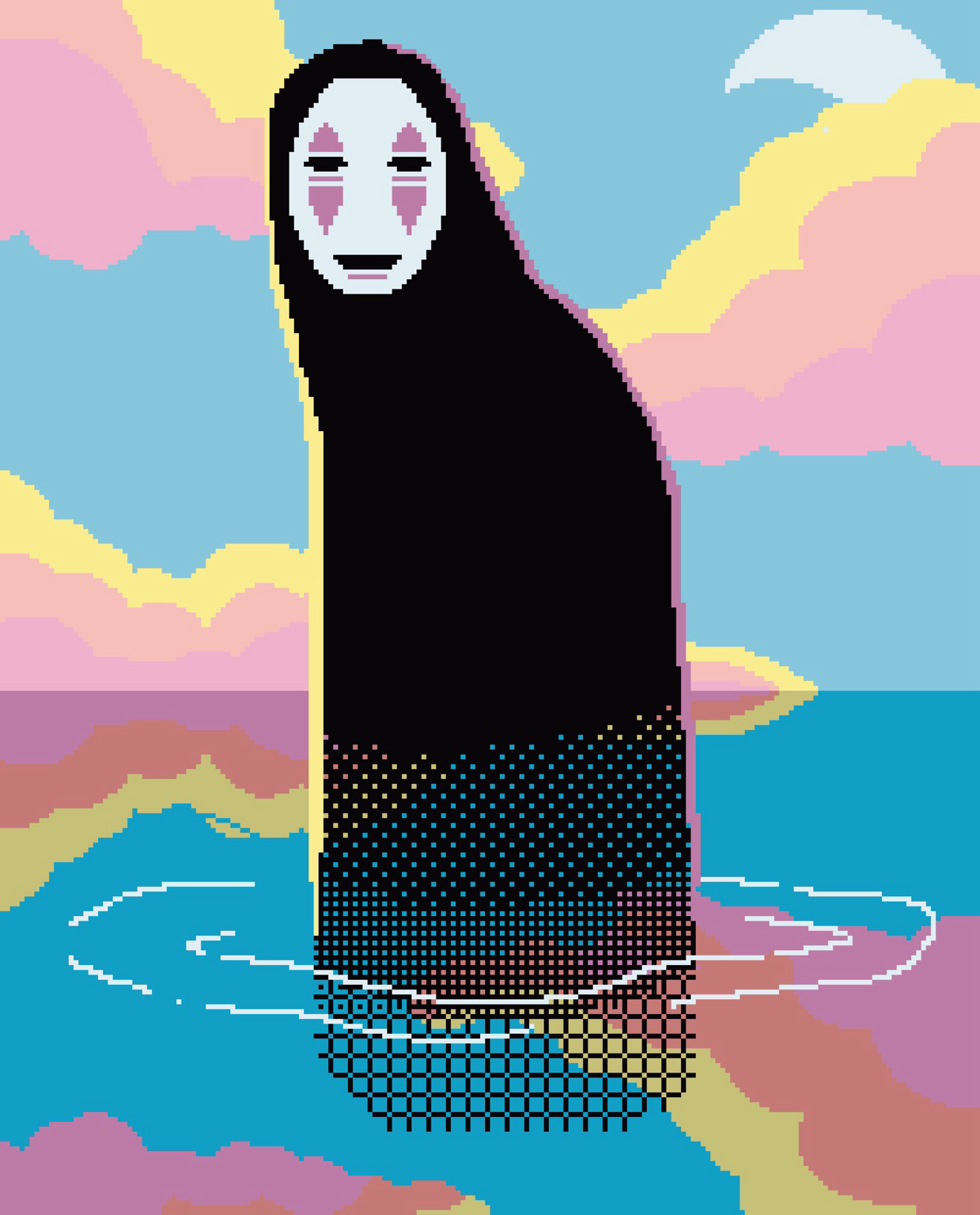 NoFace from Spirited Away standing on water in front of clouds in a pixel art style. 