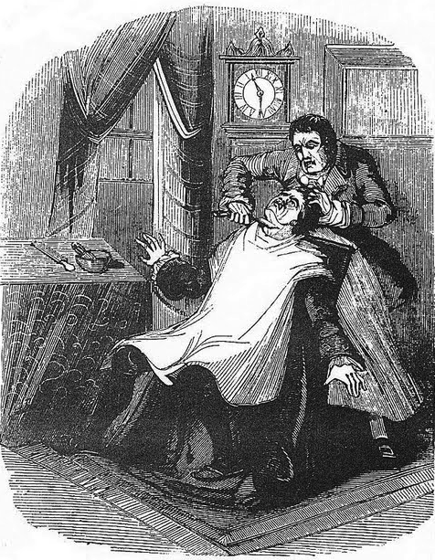 Sweeney Todd murdering a victim, from the penny dreadful serial The String of Pearls