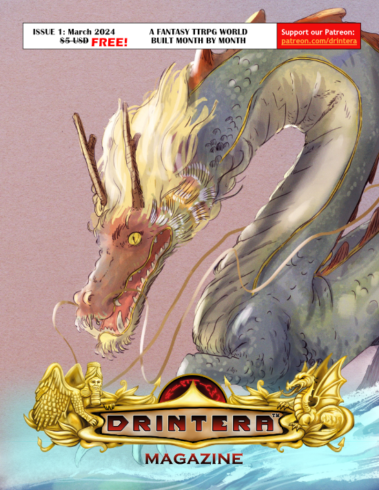 The cover of Drintera magazine, issue one, sporting a lung-style dragon.

The normal price is blocked out and replaced with FREE!