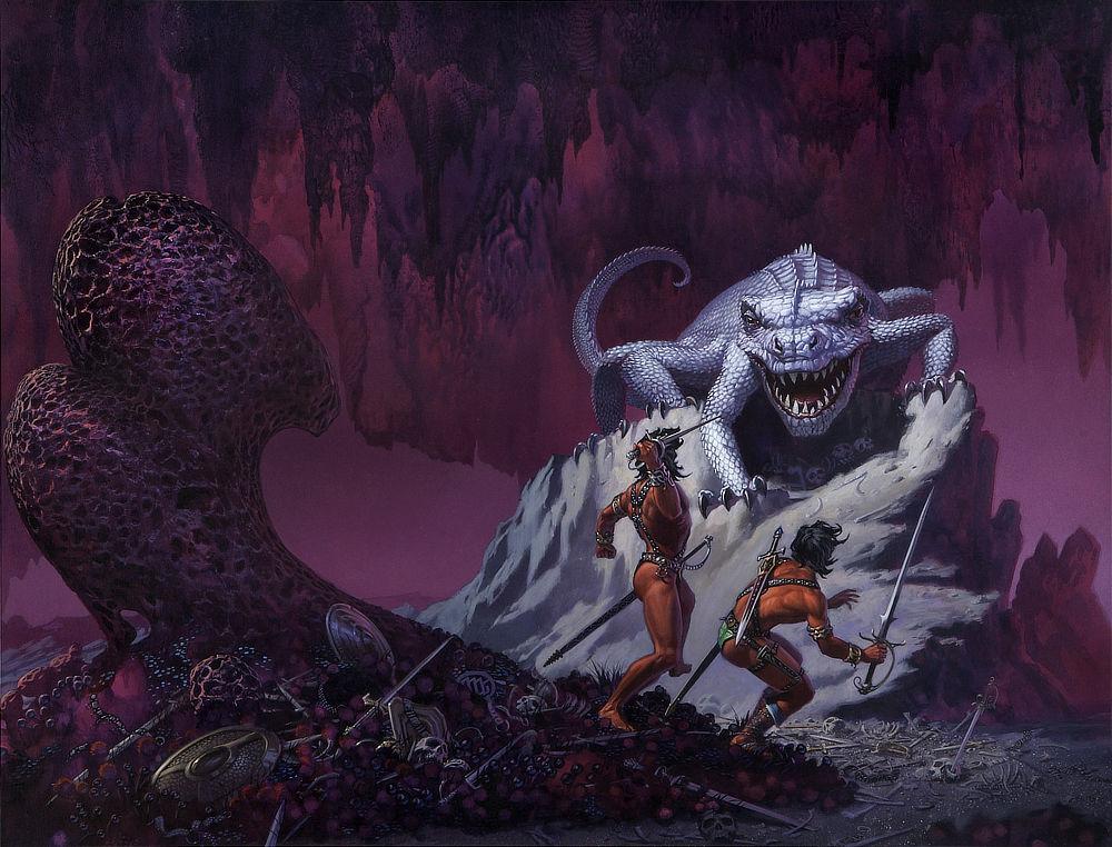 Menacingly, a white, six-legged lizard grips pale rocks rising well above the floor in an expansive cavern. Distant stalactites extend from the ceiling washed in dark pink and purple providing contrast. The lizard perches above twin Barsoomian warriors opening its maw to expose its teeth. As if caught by surprise—evident by the sword still in its scabbard—one of the men is standing upright and poised to attack with just a dagger in hand. His companion crouches warily with a basket-hilt sword held out, tip up. His shoulder length black hair swings forward with motion. A massive bone protrudes from the floor, the ball joint of a femur seemingly larger than the lizard itself. The foreground around it is littered with human bones, swords, and shields.
