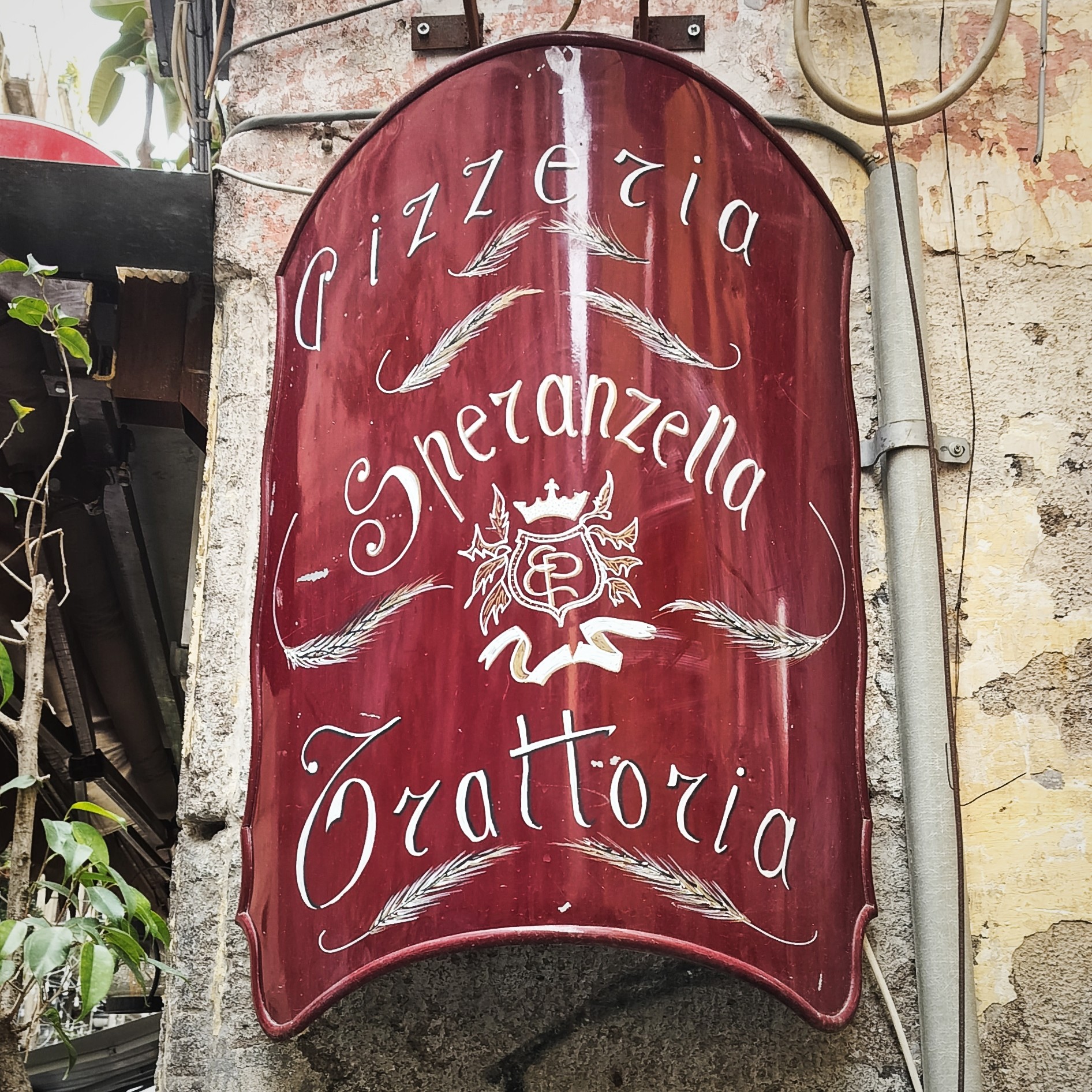 A curved shiny dark red sign mounted on a wall. Looks sort of like a Roman scutum (shield). The hand painted letters say "Pizzeria Speranzella Trattoria" in a non-connected script. Some letters have like the capital P (see next photo), the lower case p, which has an open bowl, and the lower case r, which looks like the number 7.