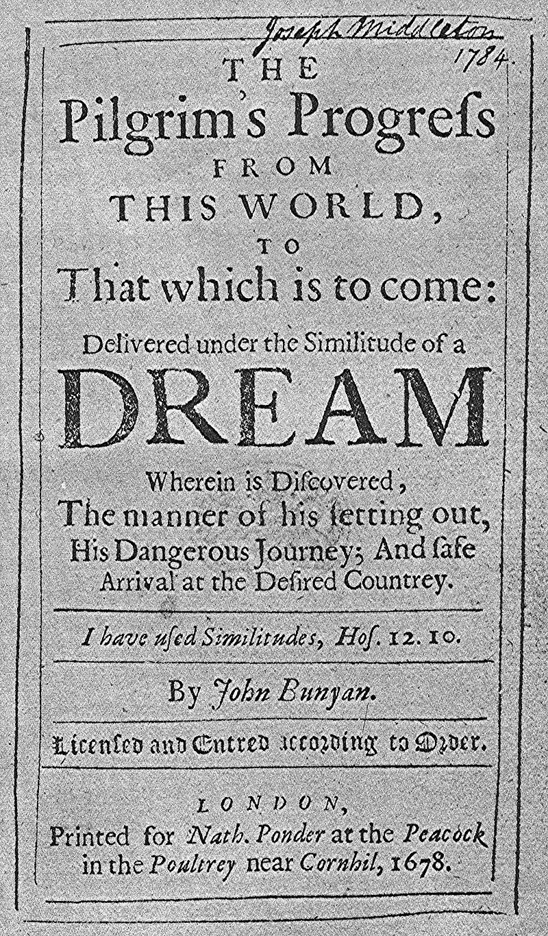 Title page of Pilgrim's Progress Date: 1678 Author: John Bunyan (1628-1688).

The text on the page includes the full title, which describes the work as an allegory delivered "under the Similitude of a Dream." The book details the journey of a Christian pilgrim from "this world" to "that which is to come," emphasizing spiritual struggles and redemption. 

The title page also includes a biblical reference (Hosea 12:10) and publication details, indicating that the book was printed in London for Nathaniel Ponder.

Additionally, there is a handwritten inscription at the top of the page with the name "Joseph Middleton" and the year "1784," likely indicating a former owner of this copy.